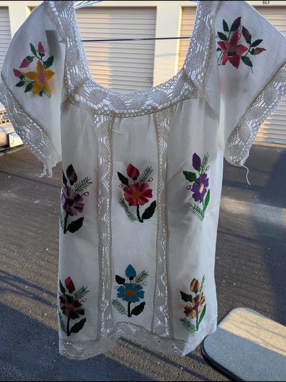 Handmade Embroidered Floral Peasant Top - Cream with Multicolor Flowers Xl